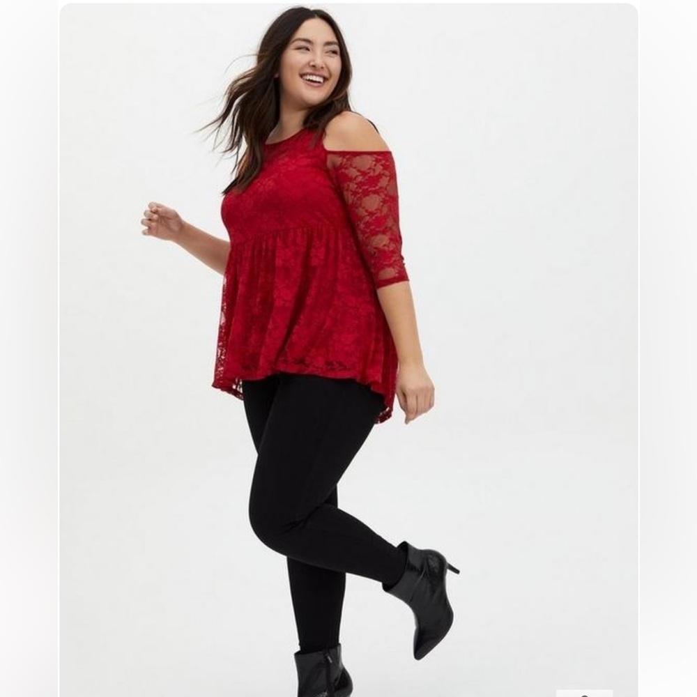TORRID babydoll Red stretch mesh lace cold shoulder top / tunic hi low hem 2X